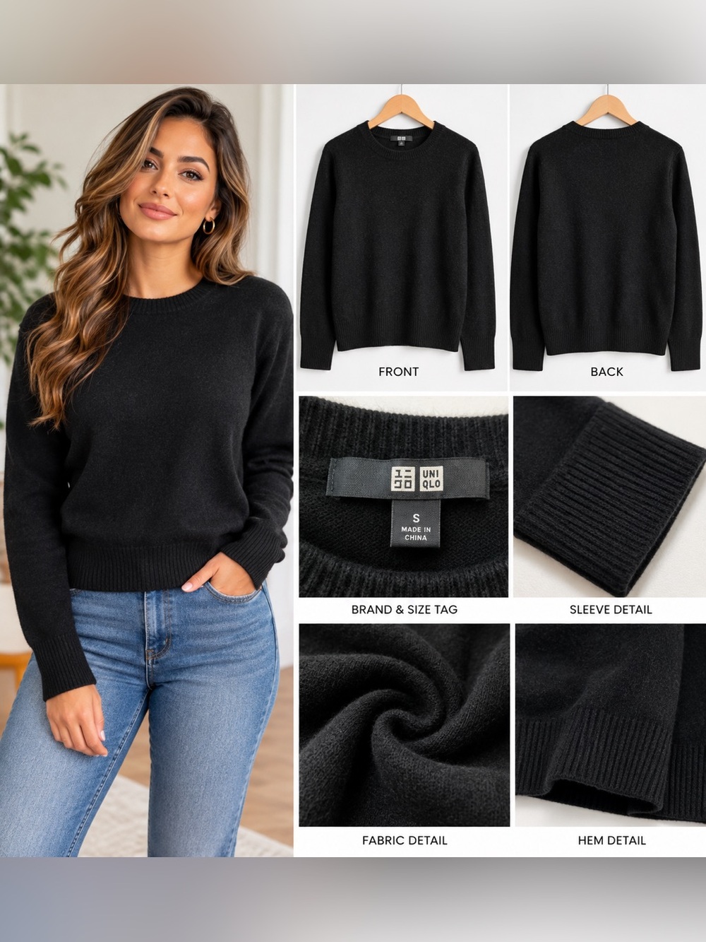 Uniqlo Black Crewneck Ribbed Hem Sweater